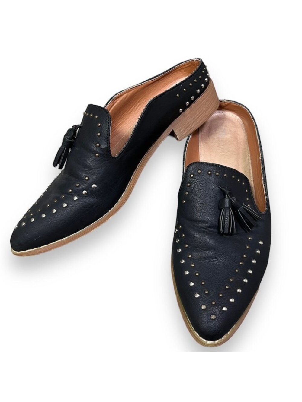 Mi.iM Buckle Pointed Toe Slide On Heeled Mules Black Leather Size 8
